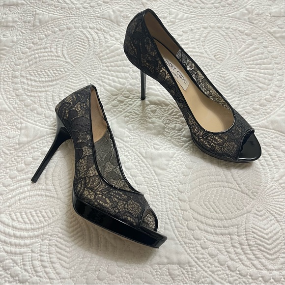 Jimmy Choo Shoes - JIMMY CHOO Luna Black Lace Peep Toe Heeled Platform Pump Floral Size 39.5